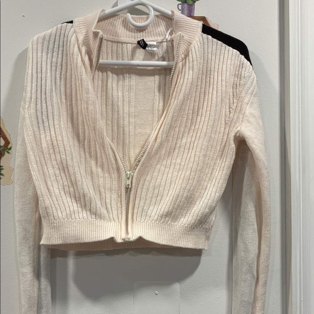 Cream and Black Ribbed Zip-Up Cardigan